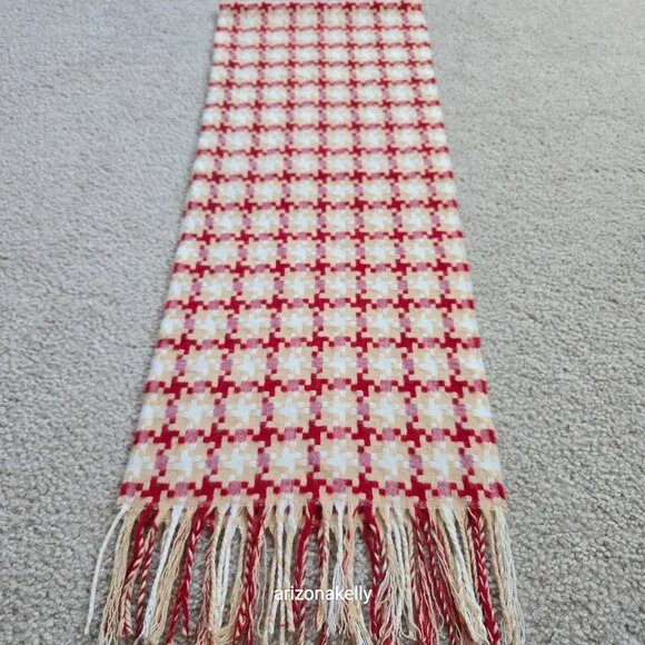Woven Cashmere Houndstooth Scarf Red Tan White Pink - Picture 5 of 16